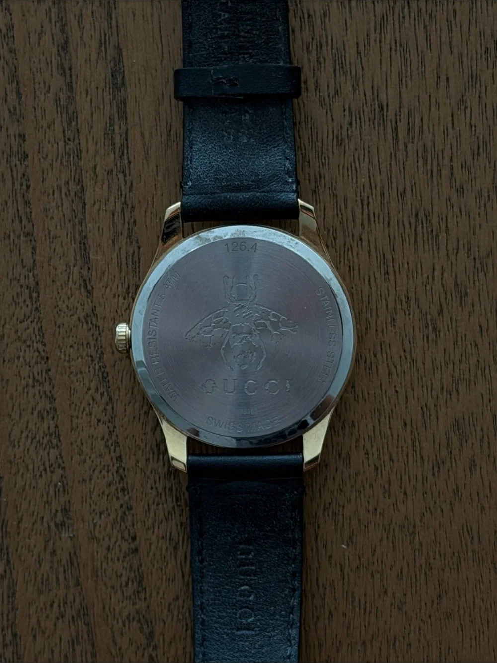 Gucci Black Leather Strap Gold-Tone Case Watch with Mother-of-Pearl Dial